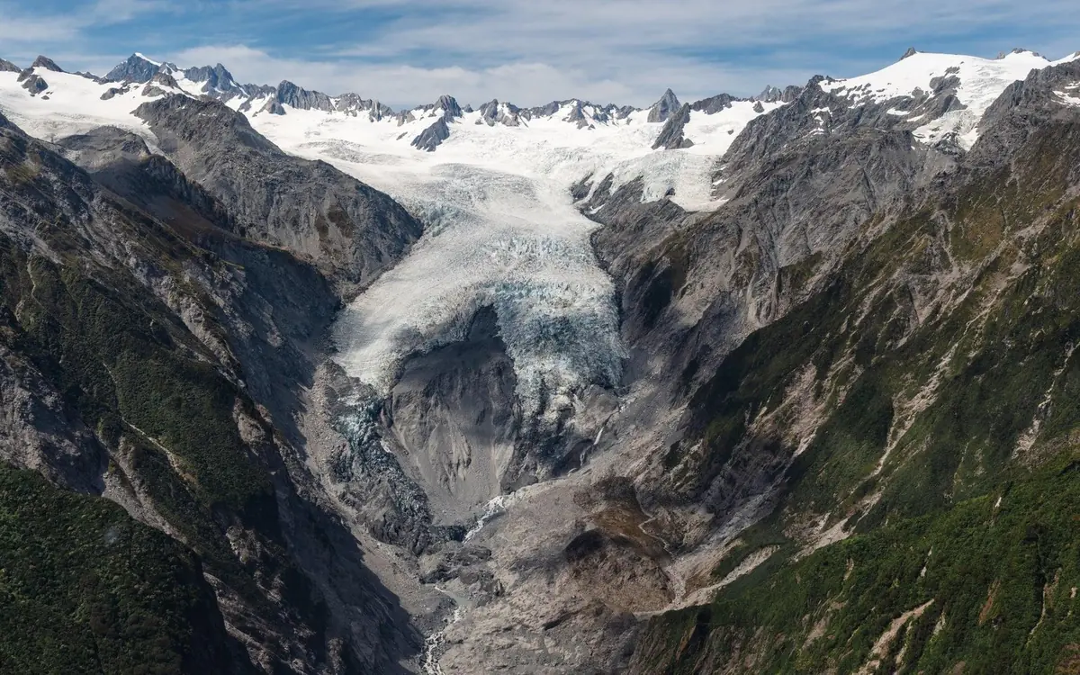 The Waiho valley below Franz Josef Glacier seen from the air on a clear morning