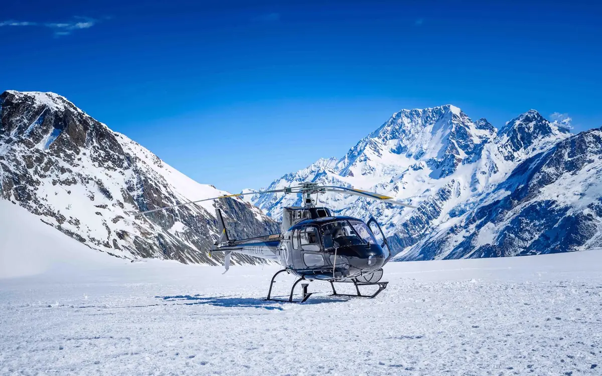 Aoraki Mount Cook seen from a helicopter above the Southern Alps
