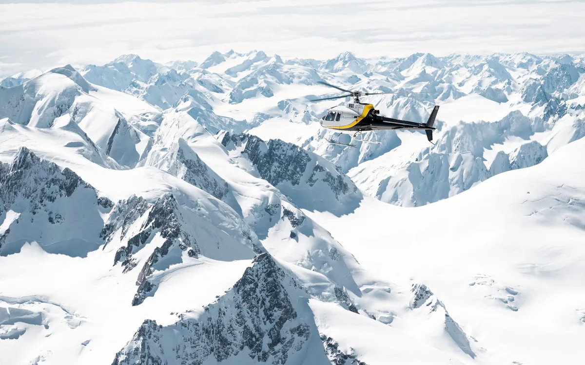 The peaks of the Southern Alps seen from a helicopter above Franz Josef